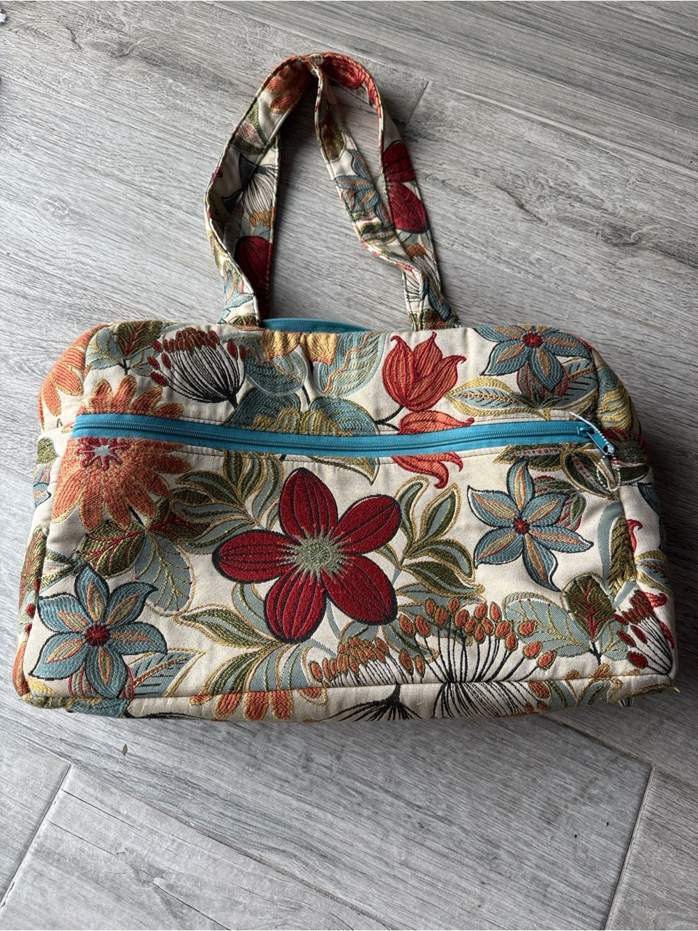 Hug me bags brand Floral Canvas Tote Bag with Turquoise Zip